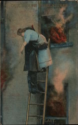 Our brave fireladdies. Safe at last. Fireman carrying woman down ladder from fire. Postcard