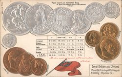 Post card with national flag and coins of Great Britain and Ireland Postcard