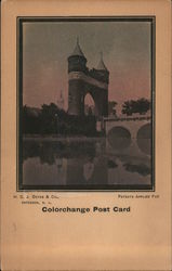 Colorchange Post Card. Lake with castle turrets, bridge Postcard