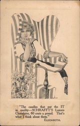 Fade-Away Schrafft's Luxuro Chocolates. Fade away card woman in striped chair Postcard