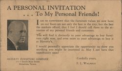 Haverty Furniture Company. A personal Invitation to my personal friends! Postcard