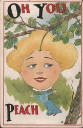 Oh you peach. Woman drawn with head as peach in tree. Postcard