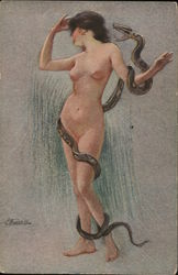 La Femme et le Serpent signed S. Meunier Artist Signed Suzanne Meunier Postcard Postcard Postcard