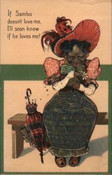If Sambo doesn't love me, I'll soon know if he loves me! Black woman plucking petals from daisy Postcard