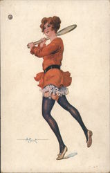 French Female Tennis Player with Garter Belt and Black Tights Postcard Postcard Postcard