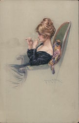 Woman sitting in chair smoking. Maurice Milliere Postcard