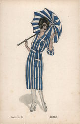 Woman with blue and white striped dress and umbrella. Grece Postcard
