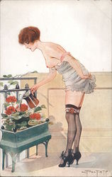 Topless woman watering plants on balcony Artist Signed Postcard Postcard Postcard