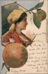 Woman with scarf and red shirt with oranges Women Postcard Postcard Postcard
