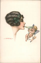 Woman sipping drink held by cupid Postcard