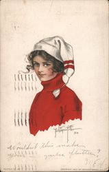 Woman in red turtleneck, white stocking hat red stripes. Postcard