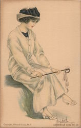 American Girl No. 16. Girl in sweater sitting with cane on knees Postcard