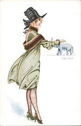 Lucky Charm Woman in green dress petting small elephant Artist Signed Maurice Pepin Postcard Postcard Postcard