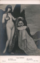 Angel Zarraga The Puppet. Nude woman with scarf, clown marionette Postcard