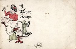 A woman scrape. Woman barber shaving sweating man Postcard