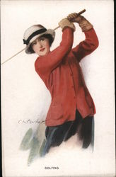 Woman in a red sweater golfing Women Postcard Postcard Postcard