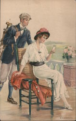 Man with golf clubs waits for woman in white Women Postcard Postcard Postcard