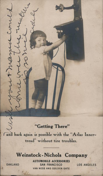 Getting There ad for Atlas Inner-tread tires - girl using telephone San Francisco California