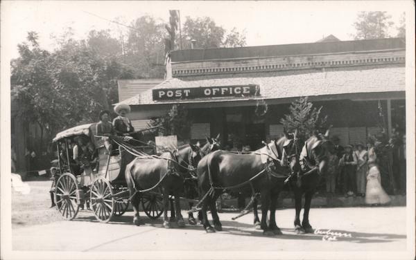 Horse-drawn stagecoach in front of Auburn post office California