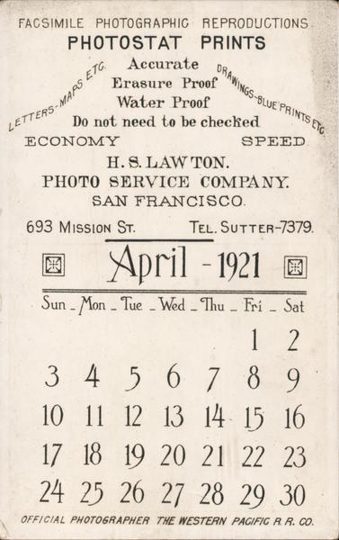 Calendar April 1921 H.S. Lawton. Photo Service Company San Francisco California