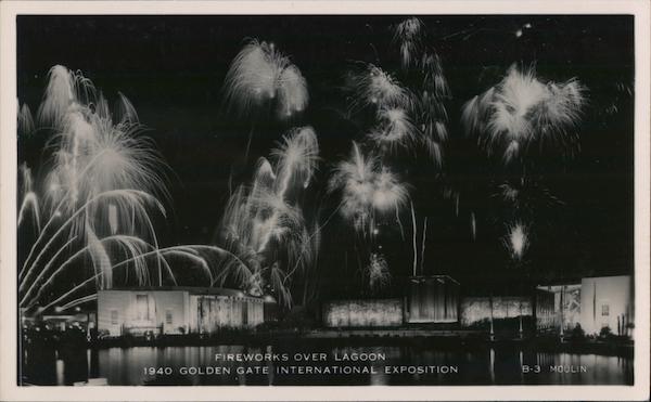 Fireworks over lagoon at 1940 Golden Gate International Exposition San Francisco California