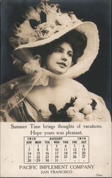Woman and calendar advertising Pacific Implement Company, 1910 Postcard