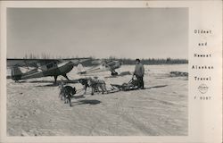 Oldest and Newest Alaskan Travel: small airplane and dog sled Postcard