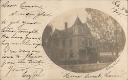 Three story wood sided house, white picket fence, girl at fence Postcard