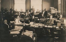 People working in office setting, typewriters, desks, file cabinets Postcard