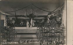 Broadway, M.E. Church - June 14, 1908.U.S. Flags, flowers, altar. Holiness unto the Lord Postcard