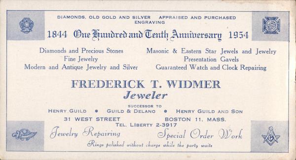 Frederick T. Widmer, Jewler - One Hundred and Tenth Anniversary Boston Massachusetts