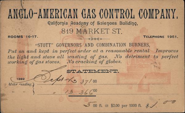 Anglo-American Gas Control Company gas bill, 1892 San Francisco California