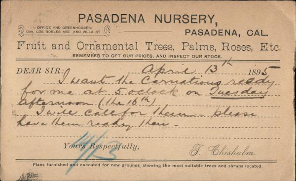Pasadena Nursery, Fruit and ornamental trees, palms, roses, etc. Order form California
