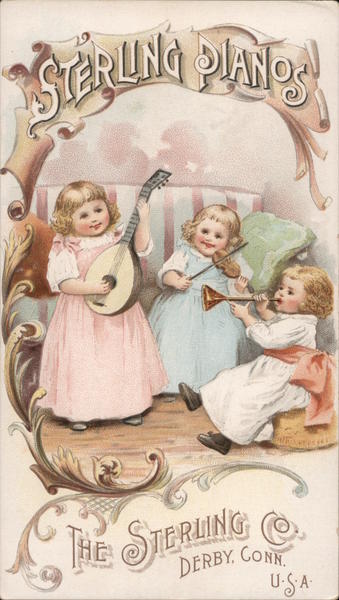 Sterling Pianos, three children playing musical instruments. The Sterling Co. Derby Connecticut