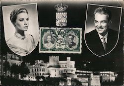 Princess Grace and Prince Ranier II, castle, stamp, crown Postcard