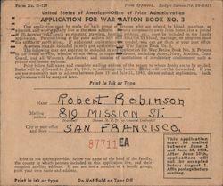 Application For War Ration Book No. 3 (World War II) San Francisco, CA Postcard Postcard Postcard