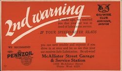 McAllister Street Garage & Service Station 2nd Warning Oil-Wise Club Reminder Postcard