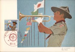 Boy Scout blowing trumpet, white gloves, row of colorful flags Postcard