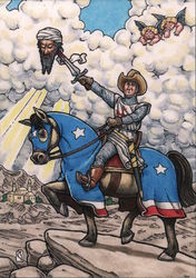 President George W. Bush as a knight with Bin Laden's head on his sword signed Rick Geary Presidents Postcard Postcard Postcard