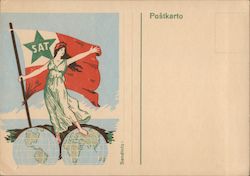SAT in Green Star flag held by woman standing on two sides of world globe. Esperanto Postcard