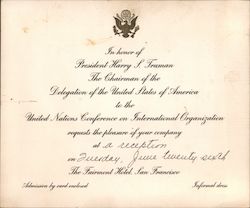 Invitation to reception for President Harry S. Truman at Fairmont Hotel San Francisco, CA Other Ephemera Ephemera Ephemera