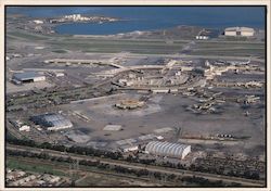 Aerial view of San Francisco International Airport, three terminals, airplanes, bay Postcard