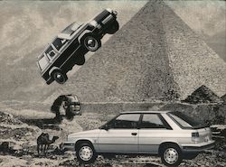 Jeep parked on pyramid, car and camel. Boardwalk Volkswagen and AMC Jeep Renault. Postcard