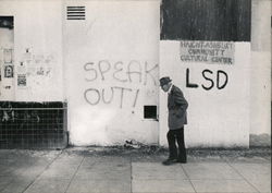 Haight-Ashbury Community Cultural Center. Old man walking on side walk. LSD, Speak Out! Postcard