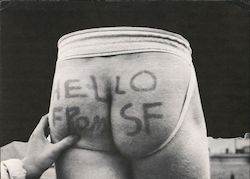 Hello from SF. Hand squeezing male wearing jock strap bare bottom Postcard