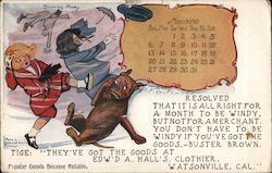 March 1910 calendar. Buster Brown - Blowing away. Advertising R. F. Outcault Postcard Postcard Postcard