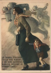 La Donna Italiana. Woman and young boy marching in step into battle with soldiers Postcard