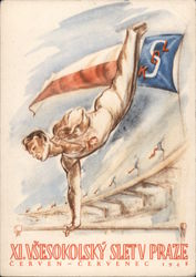 Gymnast in a stadium  XI. Vsesokolsky Sletv Praze, Cerven Cervenec 1948 Olympics Postcard Postcard Postcard