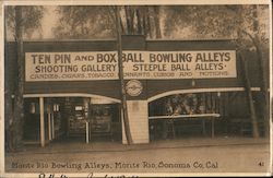 Ten pin and box ball bowling alleys, shooting gallery, steeple ball alleys, candies, cigars, tobacco Postcard