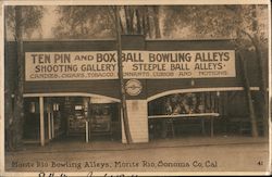 Ten pin and box ball bowling alleys, shooting gallery, steeple ball alleys, candies, cigars, tobacco Postcard